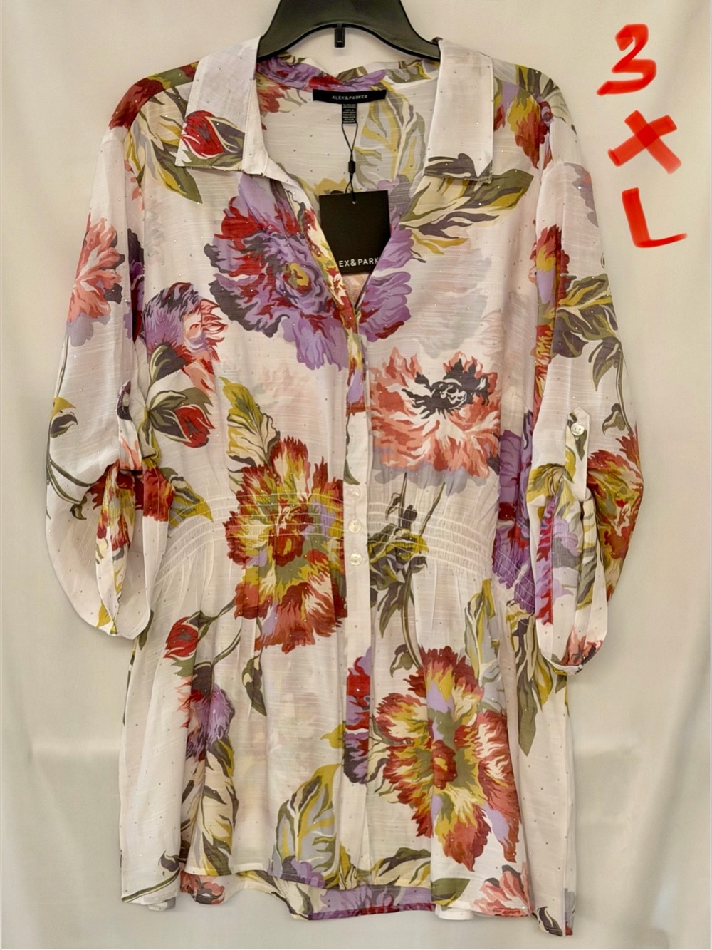 Alex & Parker White Floral Button-Front Tunic with Roll-Tab Sleeves